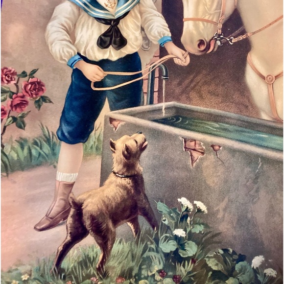 Victorian Style Vtg. Print Boy w/Girl On White Pony - Picture 4 of 7